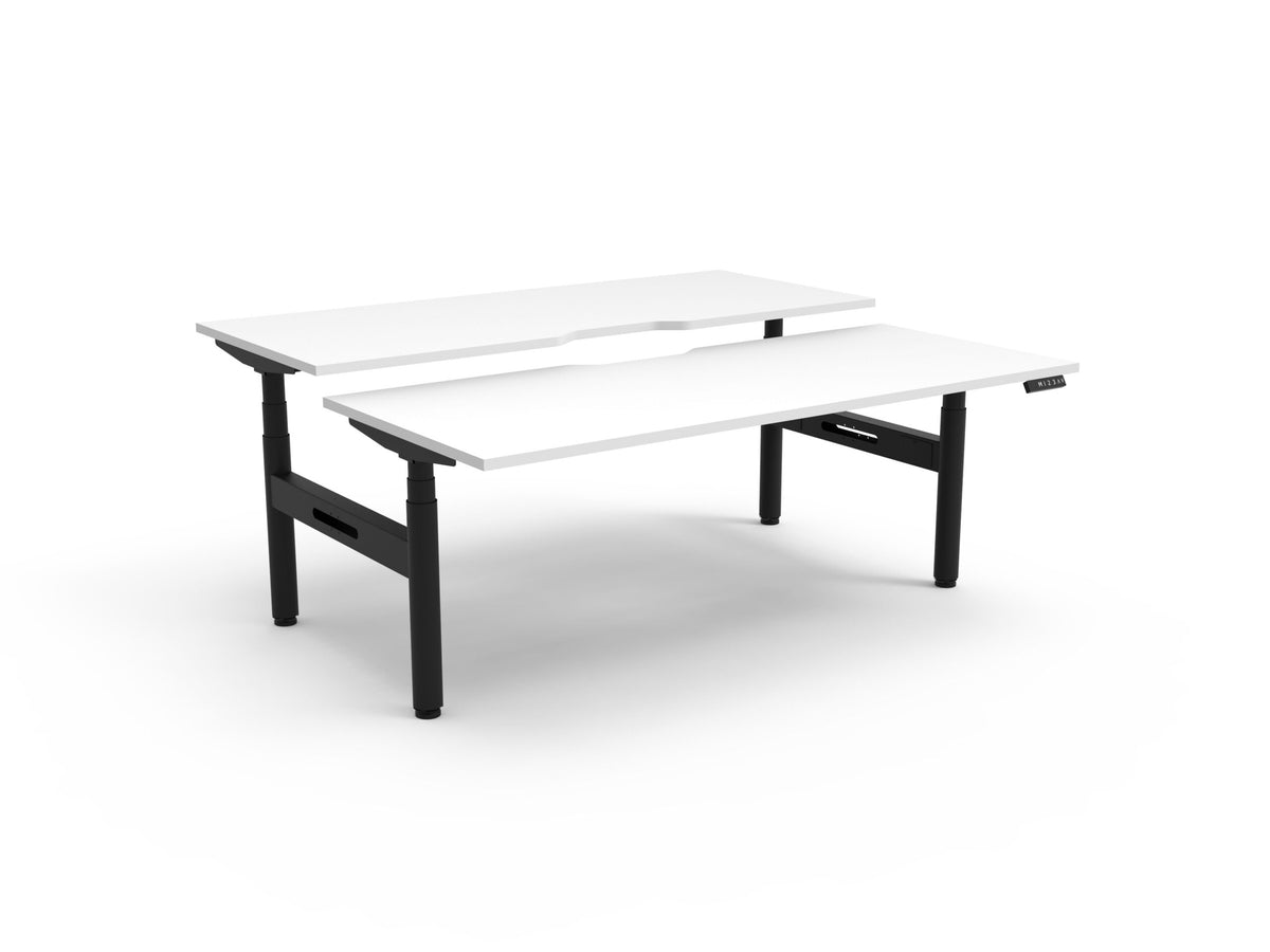 Back-to-back electric sit-stand desk, white top, black frame