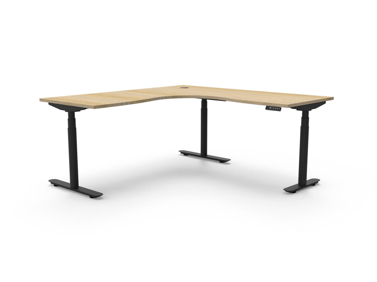 Premium electric sit-stand corner desk, oak top, black frame