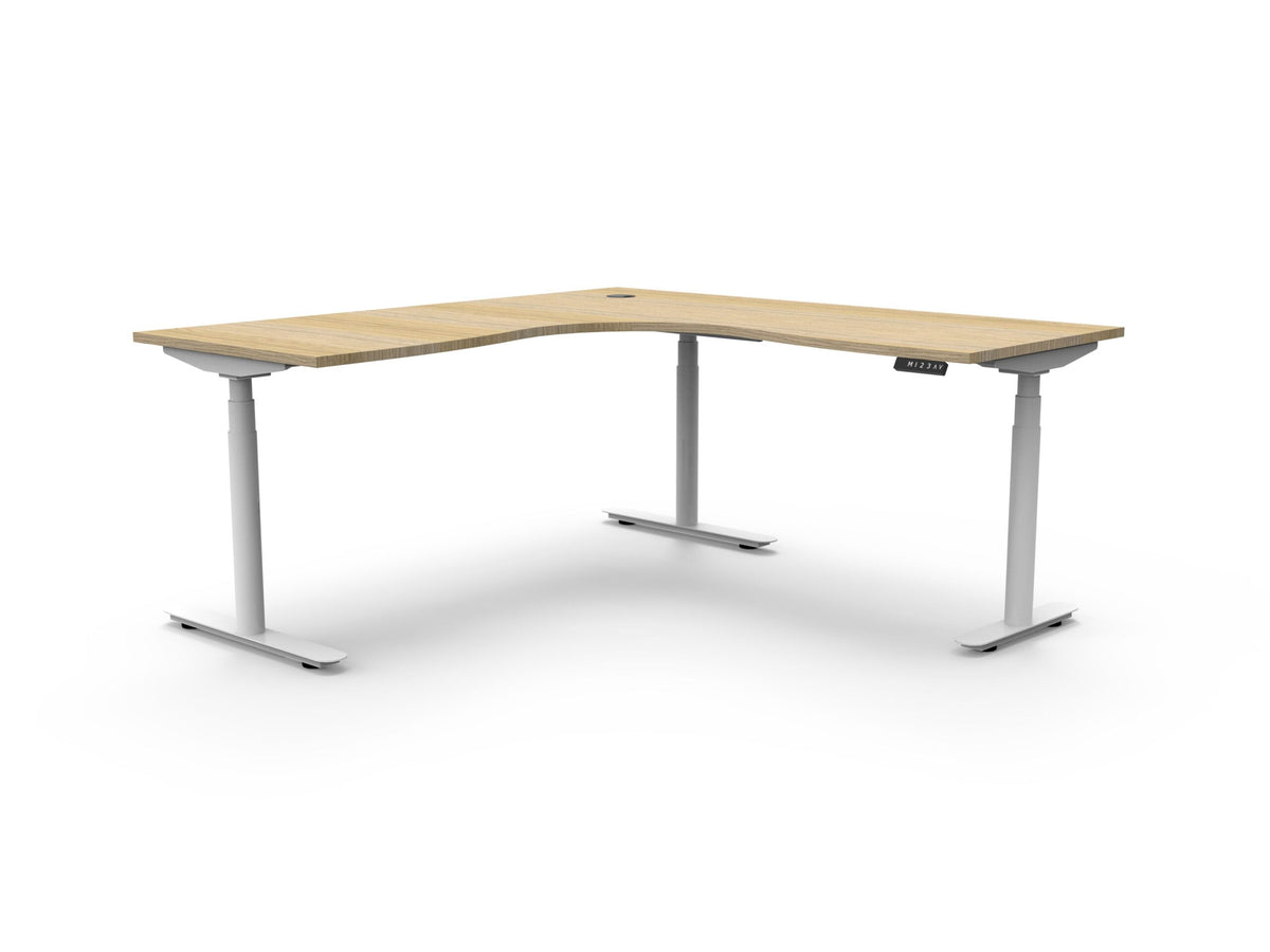 Premium electric sit-stand corner desk, oak top, white frame