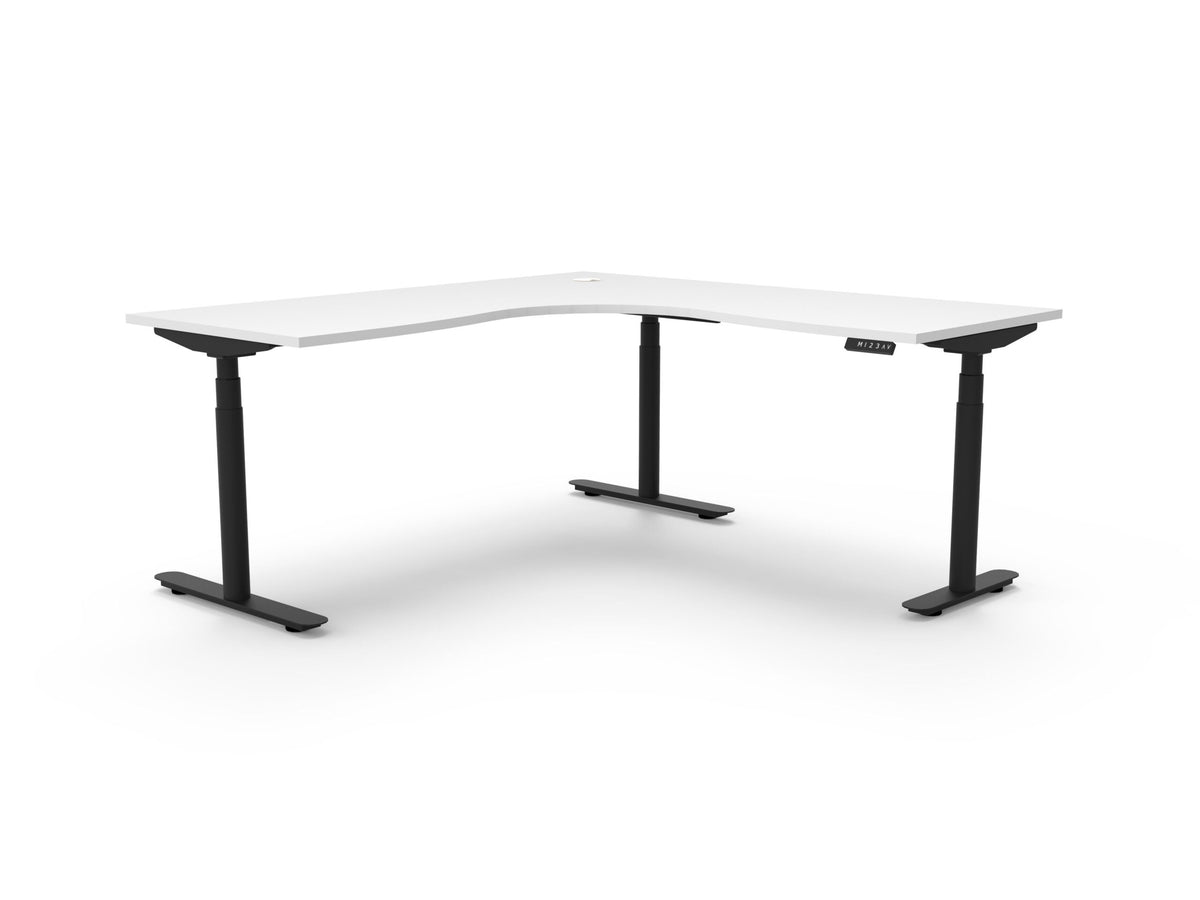 Premium electric sit-stand corner desk, white top, black frame