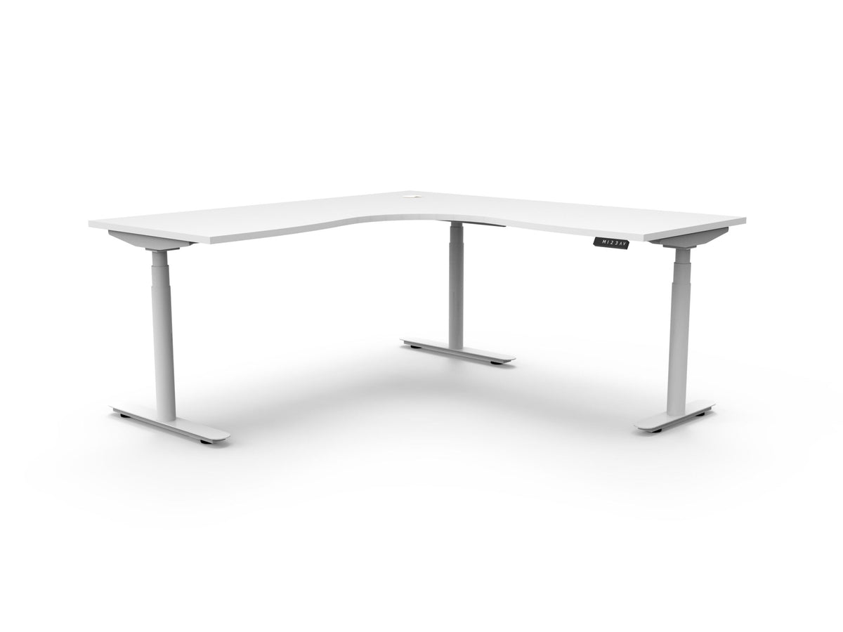 Premium electric sit-stand corner desk, white top, white frame
