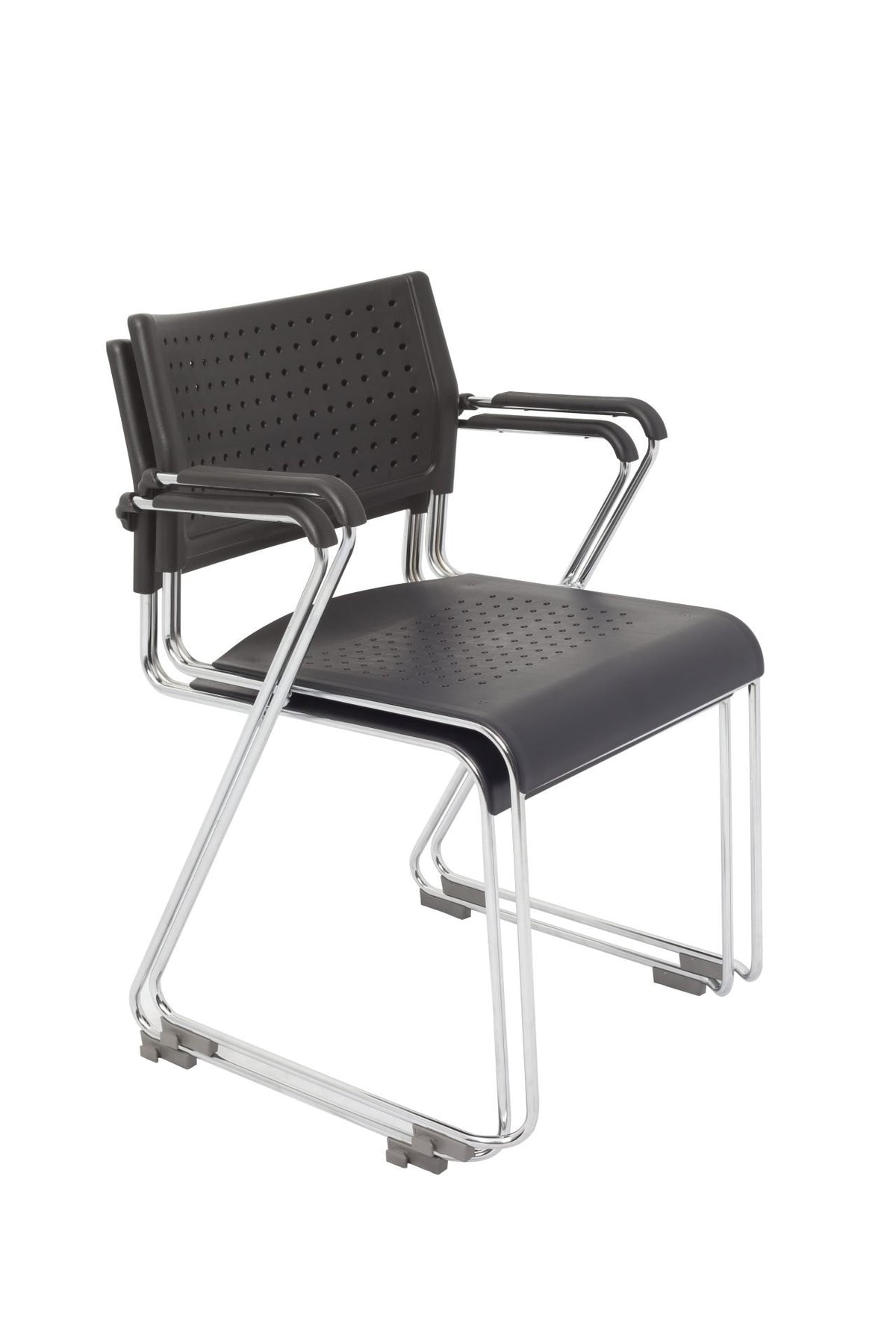 Stackable Visitor Chair with Arms – Perforated Black Shell, Chrome Sled – view 2 – new